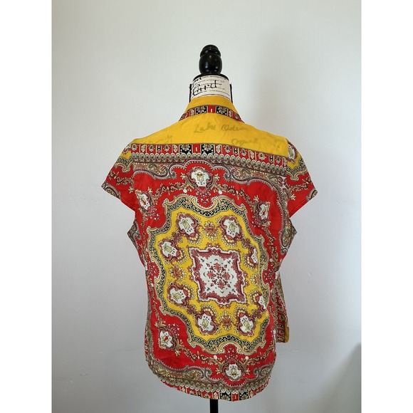 Pura Vida Button-Up Top Short Sleeve Paisley Print Blouse Yellow Red L - Picture 5 of 5